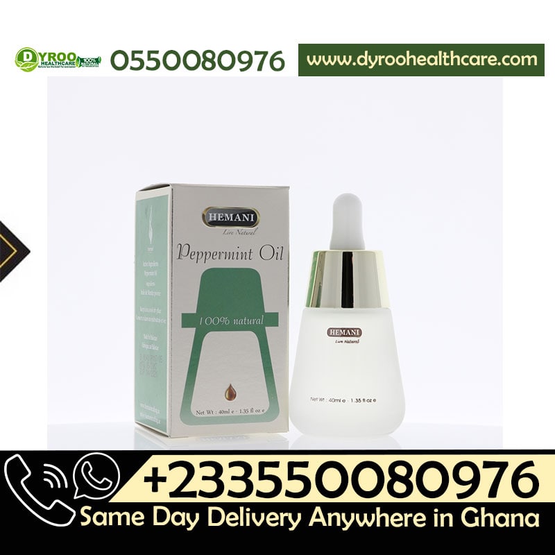 Dyroo Naturals Hemani peppermint oil 40ml bottle, natural essential oil with fresh peppermint leaves in the background.
