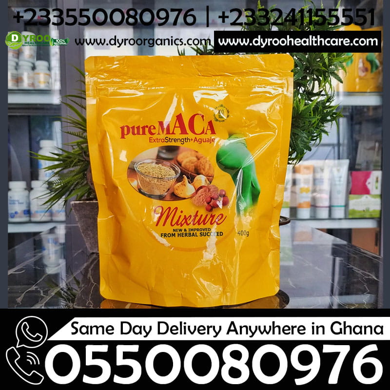 Organic Dyroo Naturals Pure Maca Powder mixture in a 400g package, showing the light brown powder in a clear container.