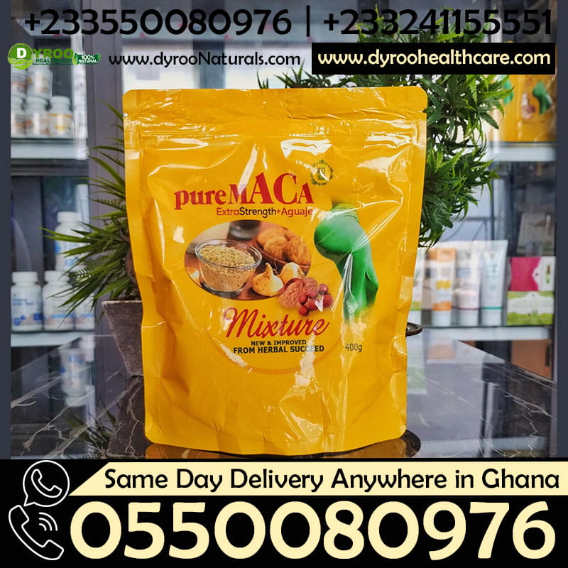 Organic Pure Maca Powder mixture by Dyroo Naturals in a 400g bag, showing a close-up of the powder inside the package.