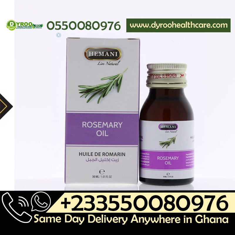Dyroo Naturals Hemani Rosemary Oil 30ml bottle with dropper, natural herbal oil for hair and skin treatment.