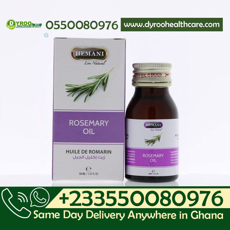 Dyroo Naturals Hemani Rosemary Oil 30ml bottle, natural herbal oil for hair and skin care, with fresh rosemary sprigs and dropper.