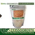 Raw organic sesame seeds in a 200g package from Dyroo Naturals, showing a close-up of white sesame seeds in a clear container.