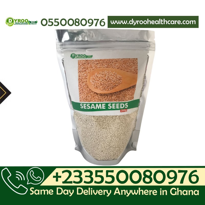 Raw organic sesame seeds in a 200g package from Dyroo Naturals, showing a close-up of white sesame seeds in a clear container.