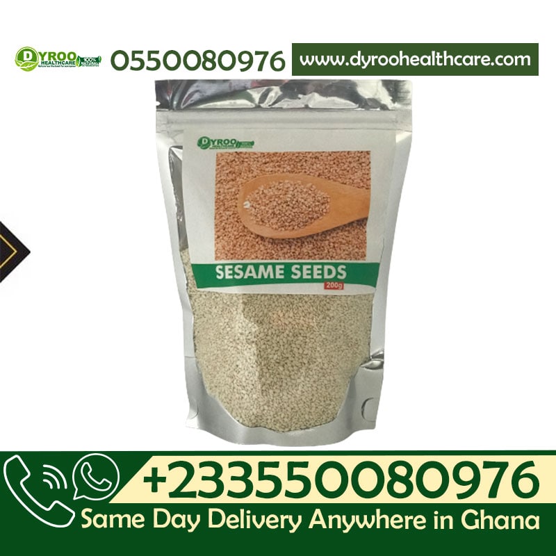 Raw organic sesame seeds in a 200g bag from Dyroo Naturals, close-up view showing small, light-colored seeds.