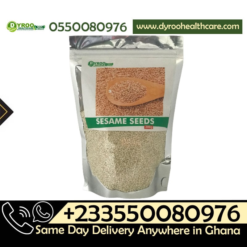 Raw organic sesame seeds in a clear bowl, showing small off-white seeds on a white background. Dyroo Naturals sesame seeds.