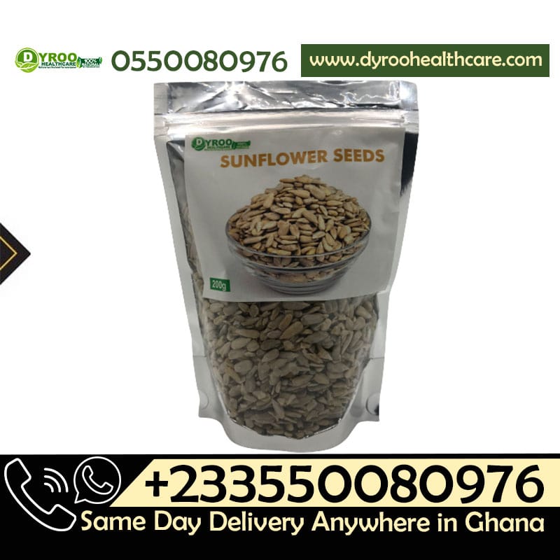 Raw organic sunflower seeds in a 200-gram package from Dyroo Naturals, showing a close-up of the seeds in a bowl.