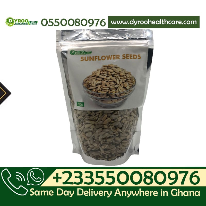 Raw organic sunflower seeds from Dyroo Naturals in a 200-gram package, displayed in a clear bowl with some seeds spilled around.