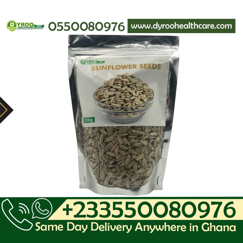 Raw organic sunflower seeds in a 200-gram package from Dyroo Naturals, showing fresh, whole sunflower seeds in a clear view.