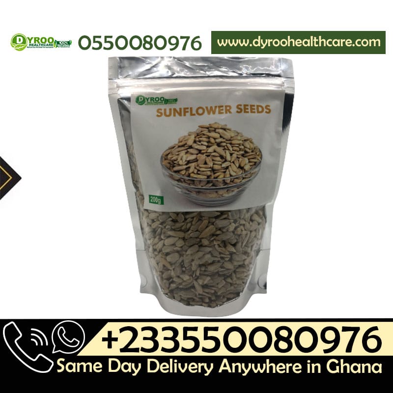 Raw organic sunflower seeds from Dyroo Naturals in a 200-gram package, showing a close-up of golden sunflower seeds.