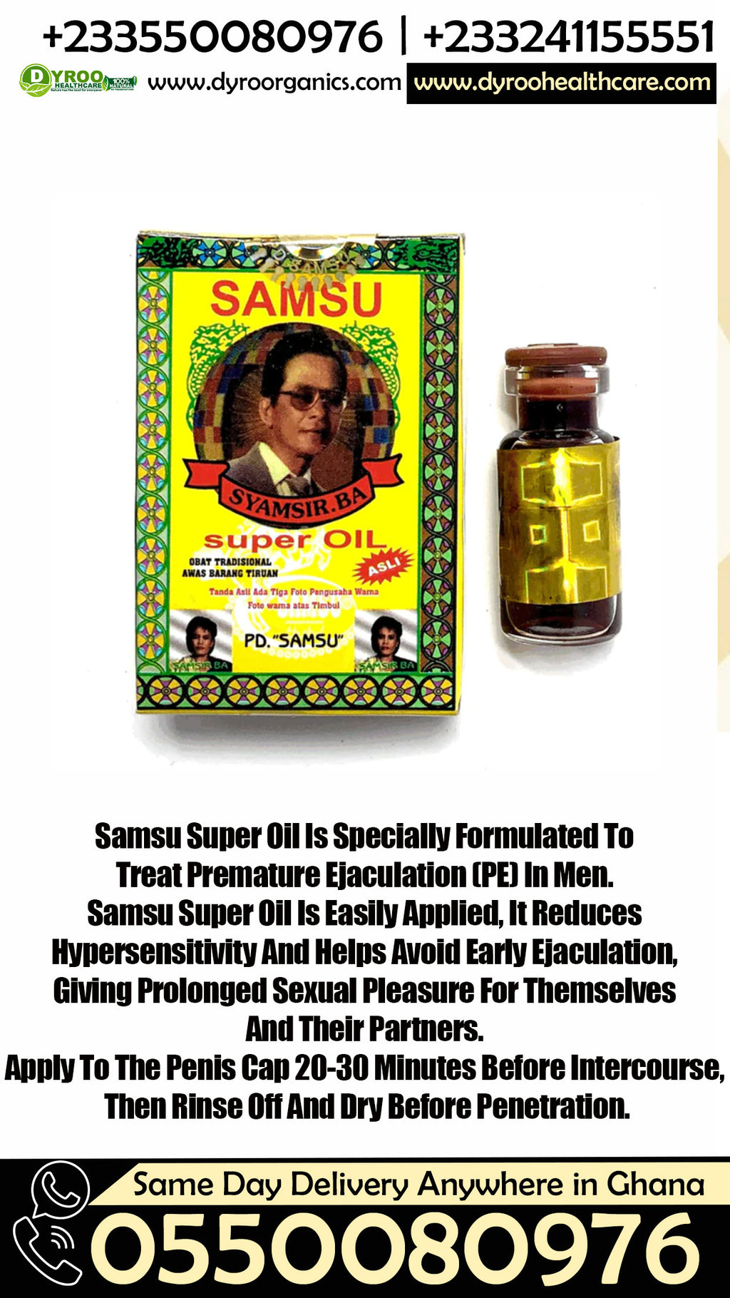 Small 25ml bottle of Dyroo Naturals Samsu Super Oil with a clear label and dropper cap, ready for use.