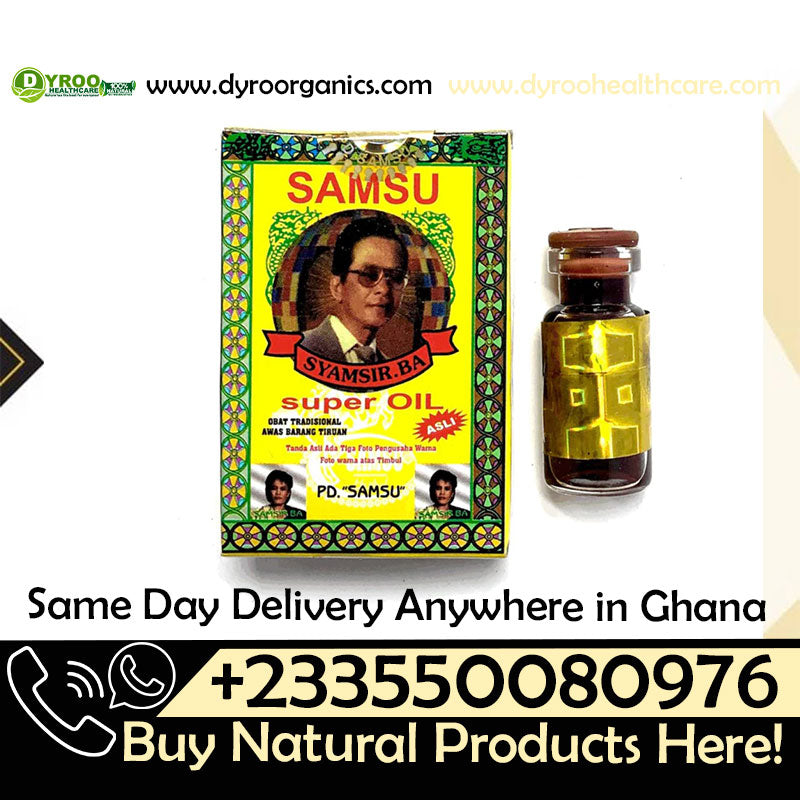 Samsu Super Oil 25ml by Dyroo Naturals, showing a clear bottle with a golden-colored herbal oil inside.