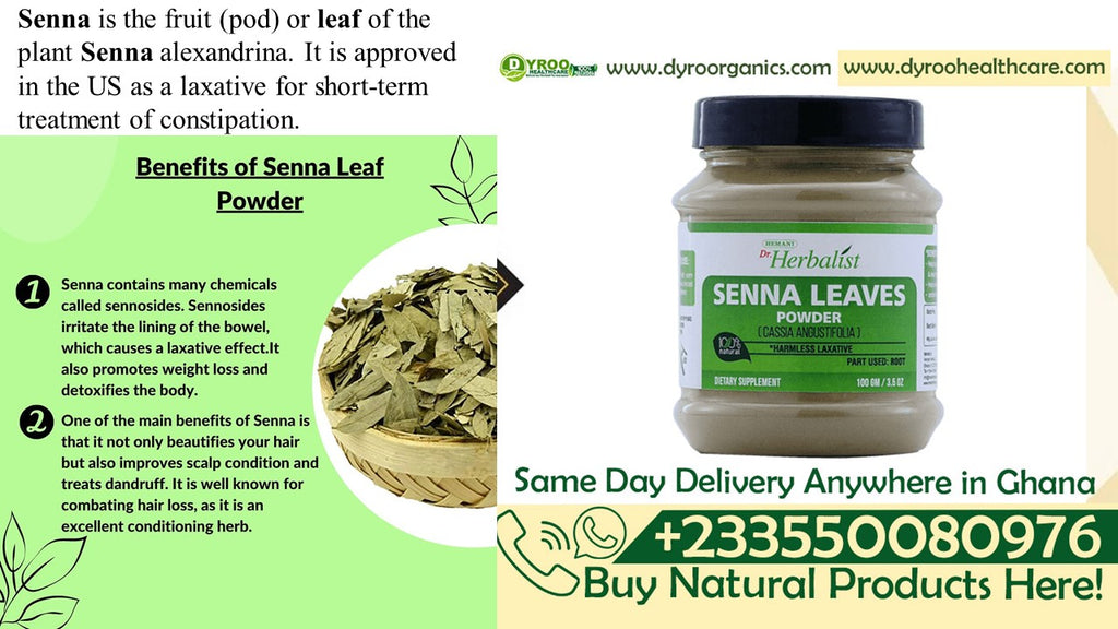 Organic Senna Leaves Powder by Dyroo Naturals, showing a close-up of the green, finely ground senna leaf powder in a container.