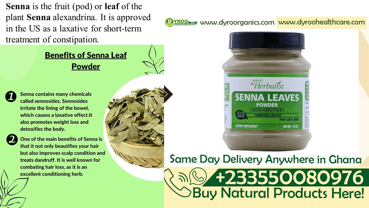 Organic Senna Leaves Powder by Dyroo Naturals, showing a close-up of the green, finely ground senna leaf powder in a container.