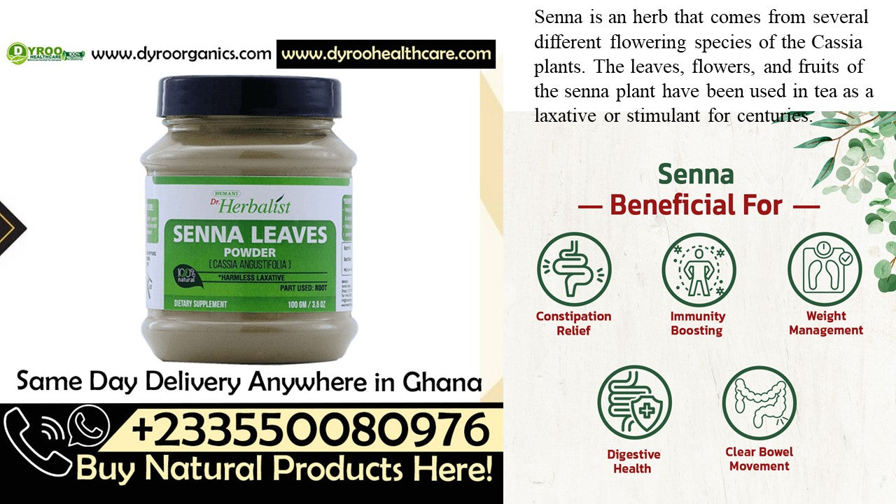Organic Senna Leaves Powder by Dyroo Naturals, close-up of green powdered herb in a clear container, highlighting natural herbal product.