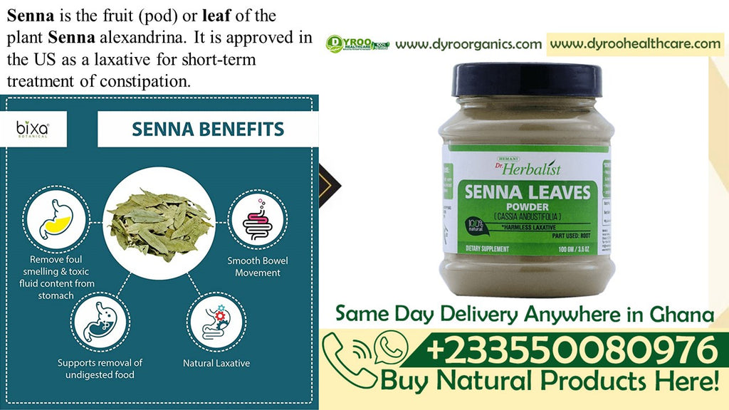Organic Dyroo Naturals Senna Leaves Powder in a clear container, showing fine greenish herbal powder for natural cleansing.