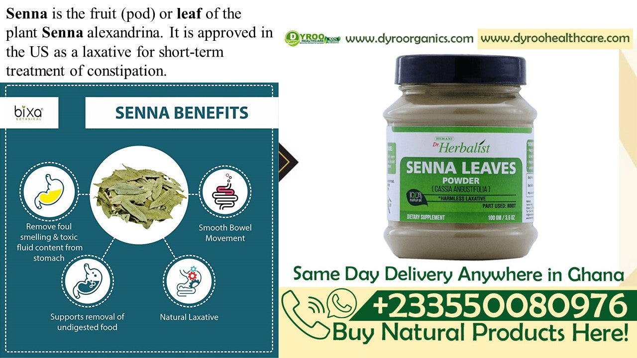 Organic Dyroo Naturals Senna Leaves Powder in a clear container, showing fine greenish herbal powder for natural cleansing.