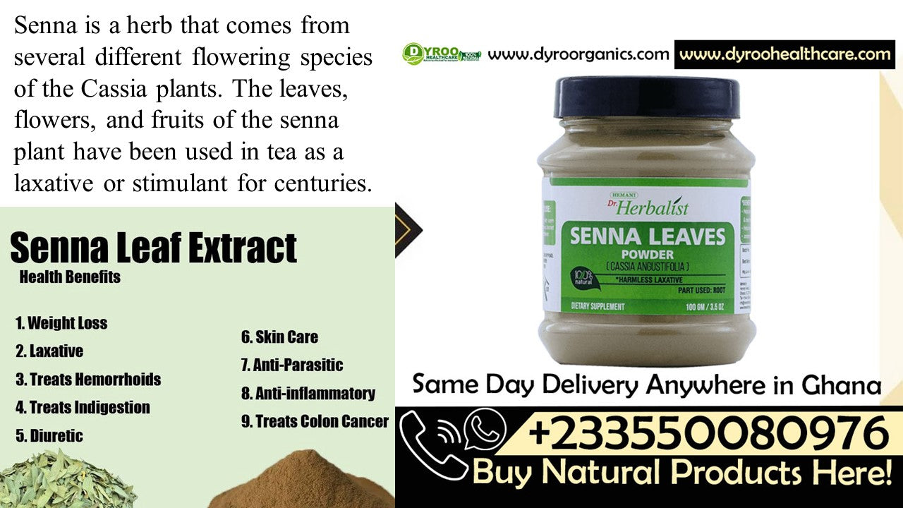 Organic Senna Leaves Powder by Dyroo Naturals, showing vibrant green senna leaf powder in a clear container.