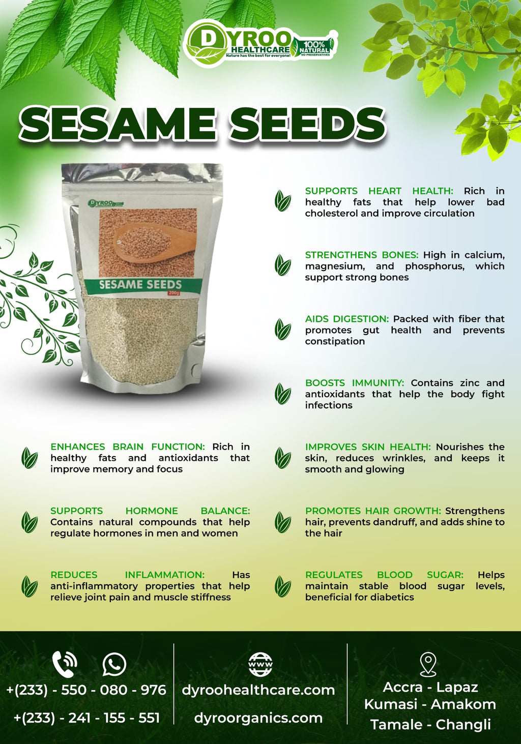 Raw organic sesame seeds from Dyroo Naturals, showing a close-up of small, cream-colored seeds with health benefits text overlay.