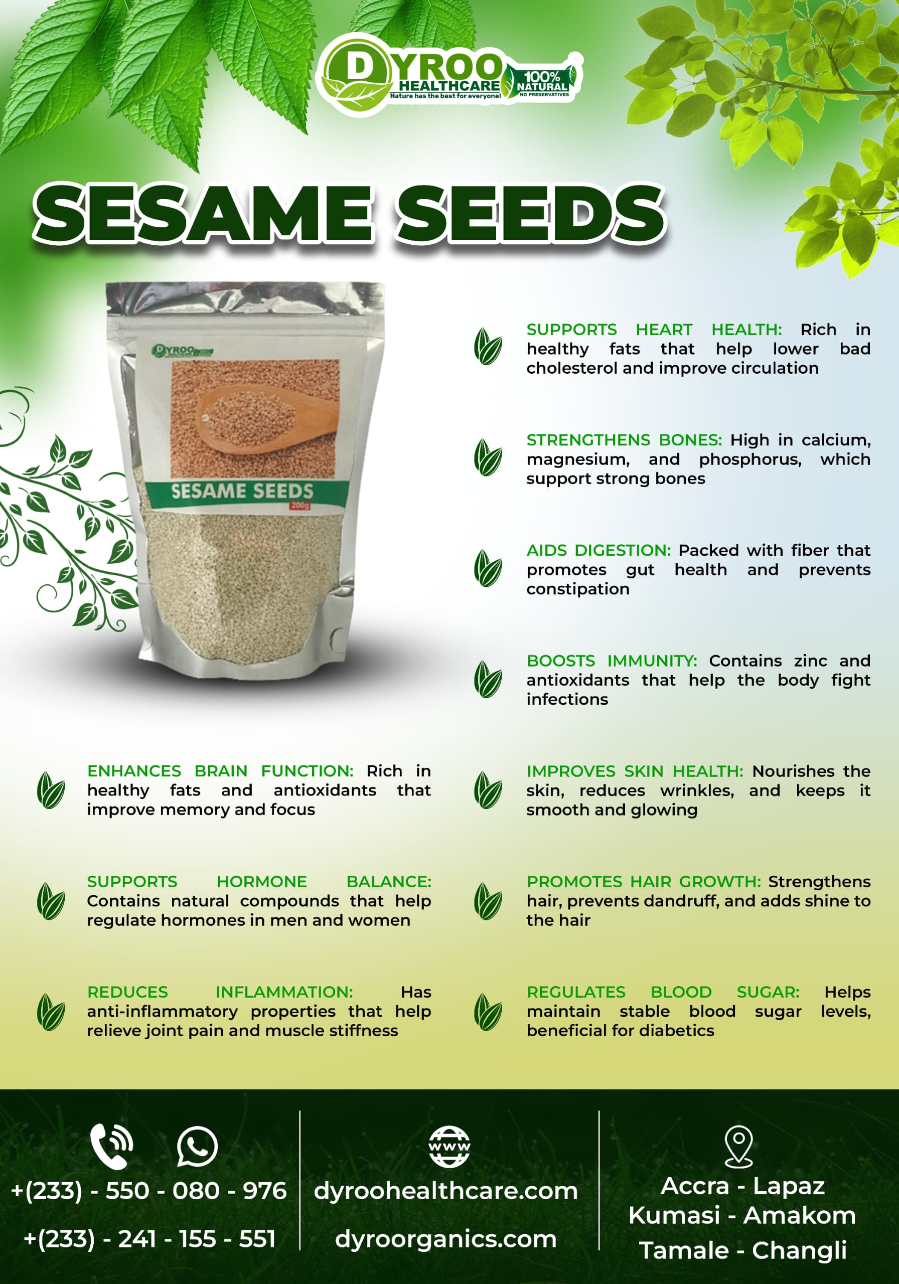 Raw organic sesame seeds from Dyroo Naturals, showing a close-up of small, cream-colored seeds with health benefits text overlay.