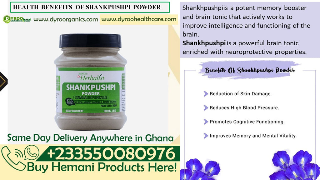 Organic Dr Herbalist Shankpushpi Powder by Dyroo Naturals in a 100g package, shown as fine herbal powder for brain health.