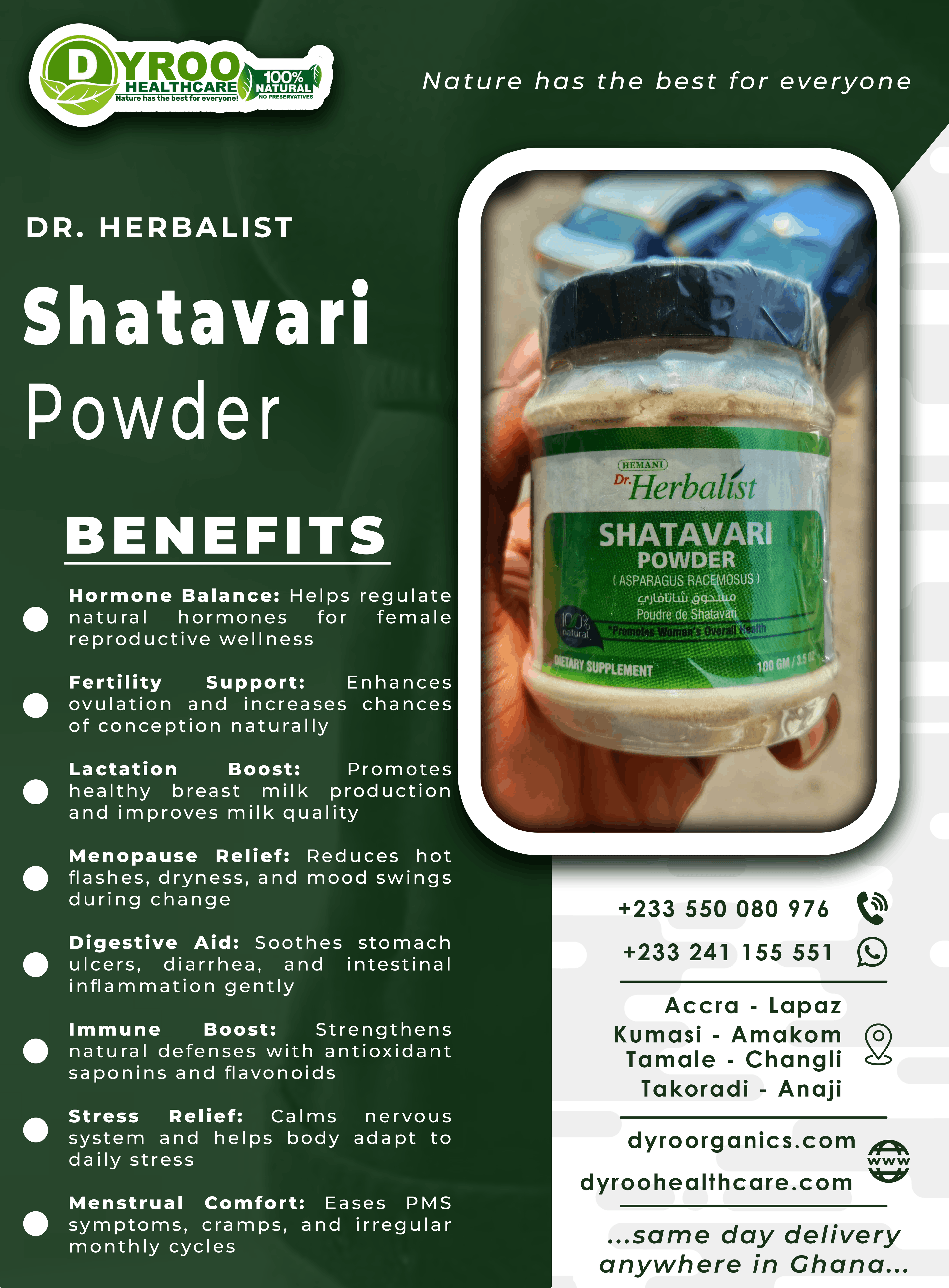 Organic Dr Herbalist Shatavari Powder by Dyroo Naturals in a 100g package, showcasing fine, herbal powder in a clear container.
