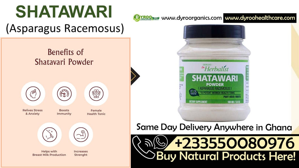 Organic Dr Herbalist Shatavari Powder by Dyroo Naturals in a 100g package, showing fine, light beige powder in a clear container.