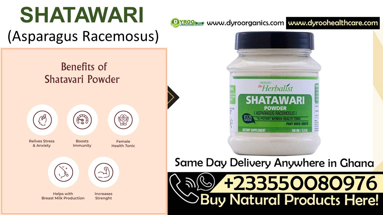 Organic Dr Herbalist Shatavari Powder by Dyroo Naturals in a 100g package, showing fine, light beige powder in a clear container.