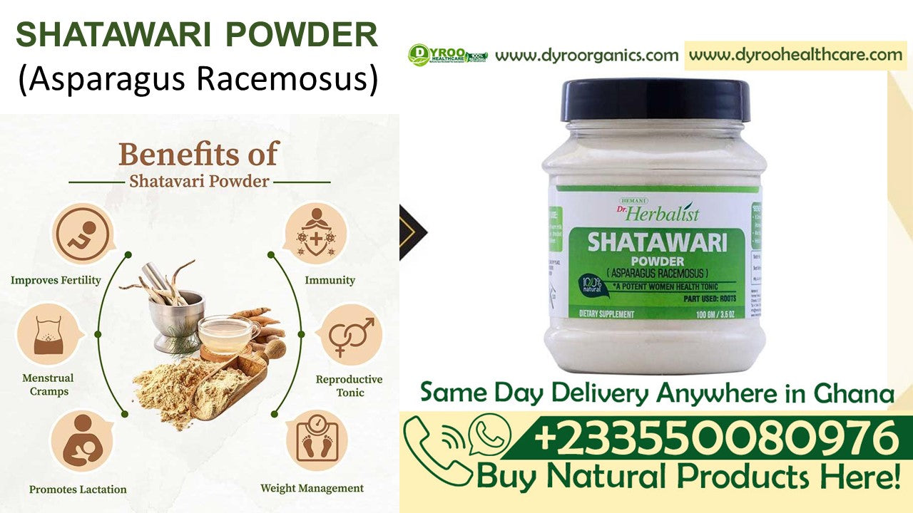 Organic Dr Herbalist Dyroo Naturals Shatavari powder in a clear jar, showing fine, light beige herbal powder for health and wellness.