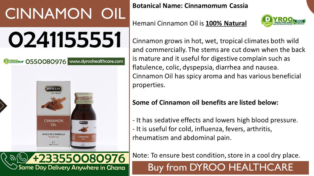 Dyroo Naturals Hemani Cinnamon Oil in a 30ml bottle, showcasing natural cinnamon essential oil with a dropper for easy use.