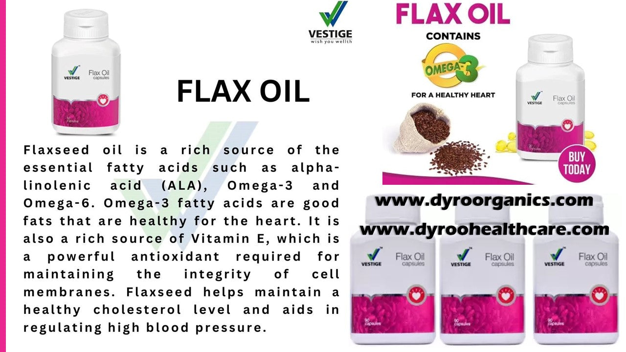 Dyroo Naturals Vestige Flax Oil 90 capsules in a bottle, showing the supplement capsules and packaging on a white background.