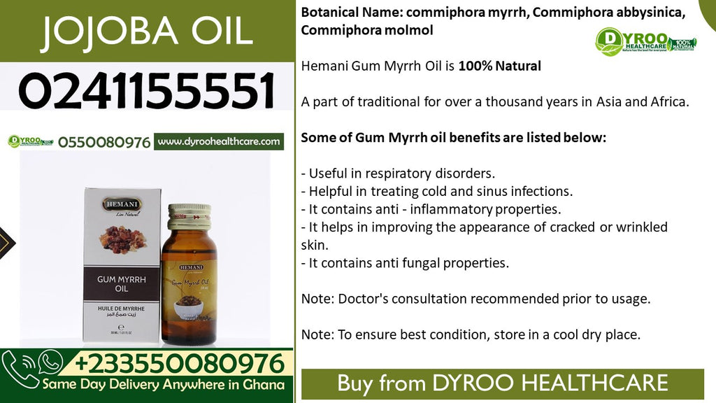 Dyroo Naturals Hemani Jojoba Oil 30ml in a clear glass bottle, showing the natural oil with a simple label and dropper cap.