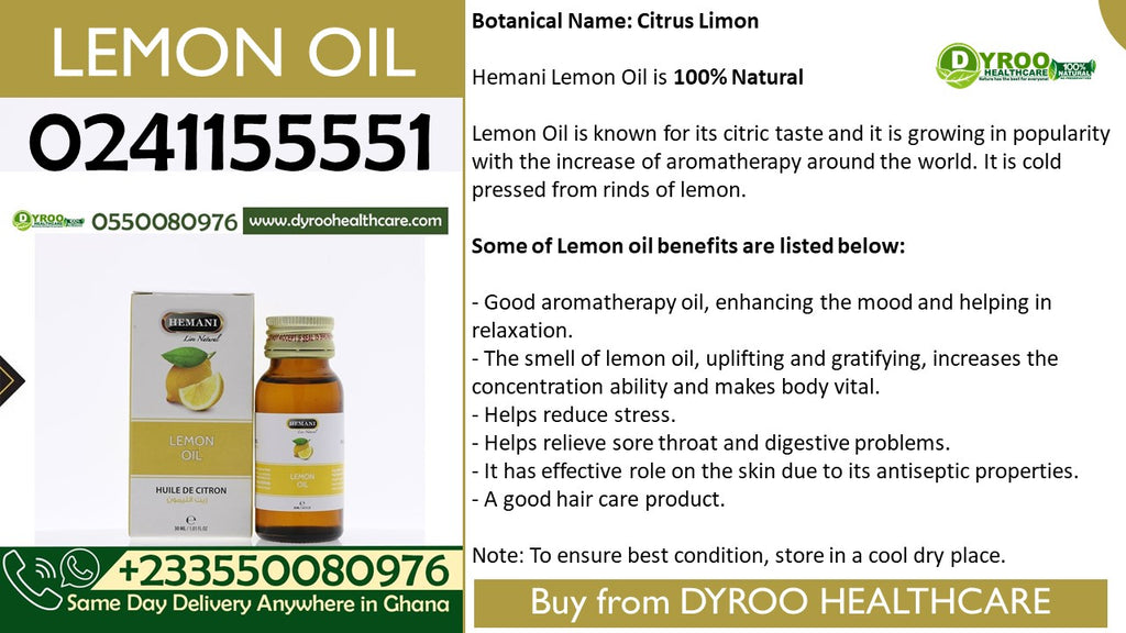 Dyroo Naturals Hemani Lemon Oil 30ml bottle, natural essential oil with fresh lemon slices and vibrant yellow color.