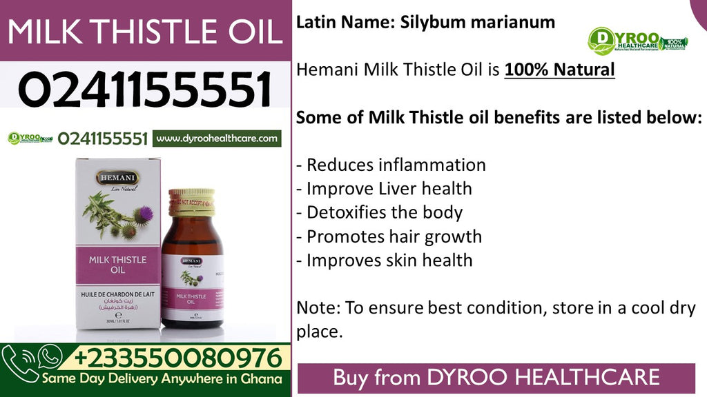 Dyroo Naturals Hemani Milk Thistle Oil 30ml bottle, natural oil for liver health, with a clear label and dropper cap.