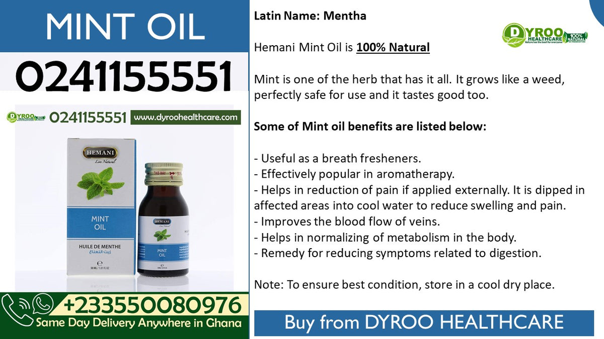 Dyroo Naturals Hemani Mint Oil 30ml bottle, clear glass container with mint leaves and oil, showcasing natural herbal oil.