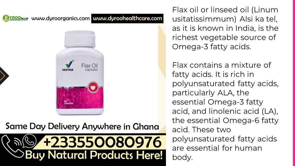 Dyroo Naturals Vestige Flax Oil 90 capsules in a bottle, with capsules visible, highlighting dietary supplement for healthy omega-3 intake.