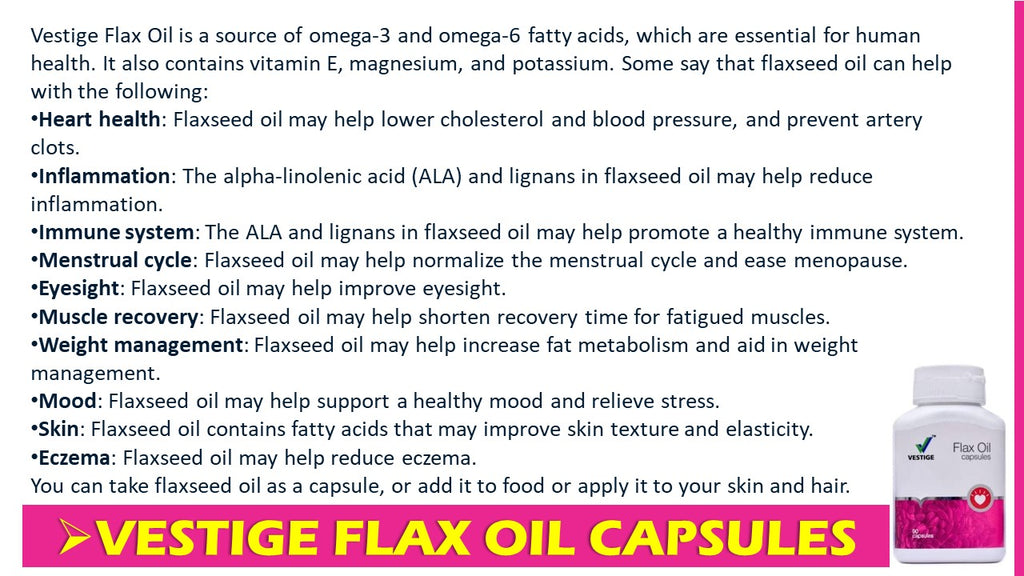 Dyroo Naturals Vestige Flax Oil 90 capsules container with label, showcasing supplement packaging and product information.
