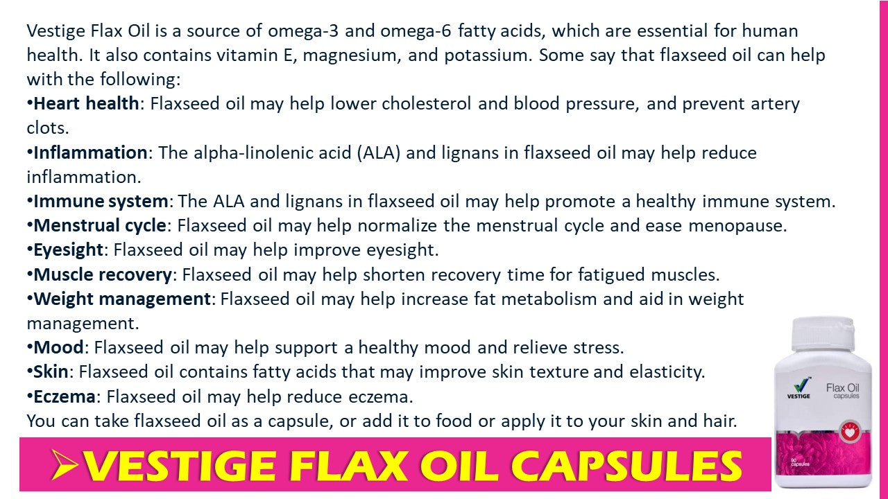 Dyroo Naturals Vestige Flax Oil 90 capsules container with label, showcasing supplement packaging and product information.