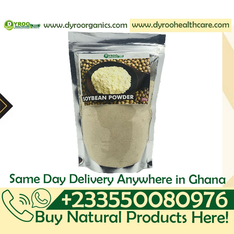 Raw organic soy bean powder by Dyroo Naturals in a 200g package, showing fine light beige soy powder in a clear jar.