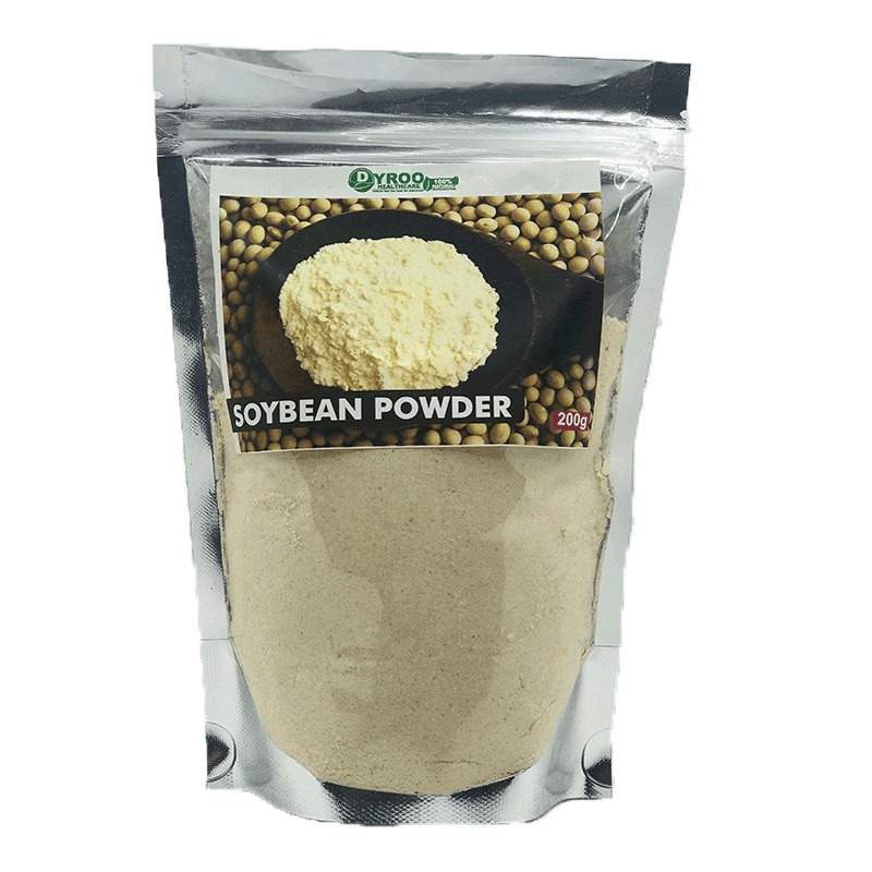 Organic soy bean powder in a 200g package by Dyroo Naturals, showing raw, light-colored soy bean powder in a clear container.