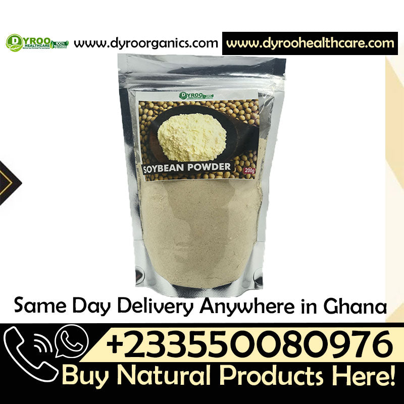 Raw organic soy bean powder by Dyroo Naturals in a 200g package, showing the fine beige powder in a clear bowl.