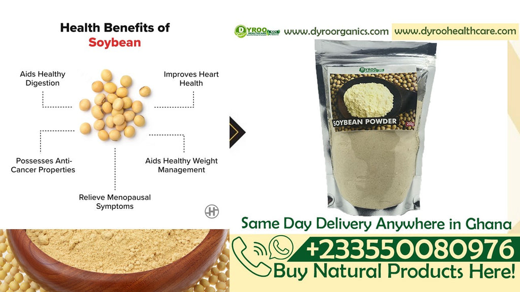 Raw organic soya bean powder from Dyroo Naturals in a 200g package, showing fine beige powder on a white background.