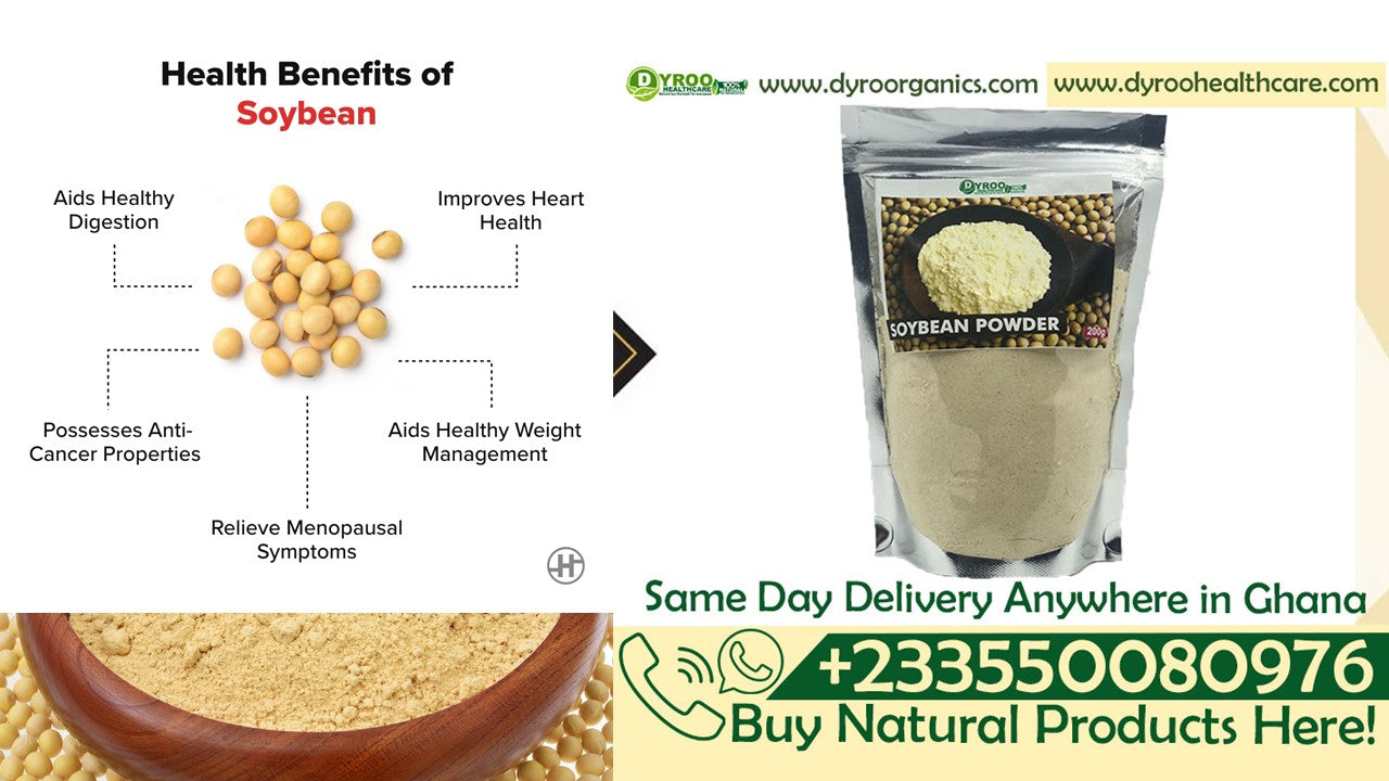 Raw organic soya bean powder from Dyroo Naturals in a 200g package, showing fine beige powder on a white background.