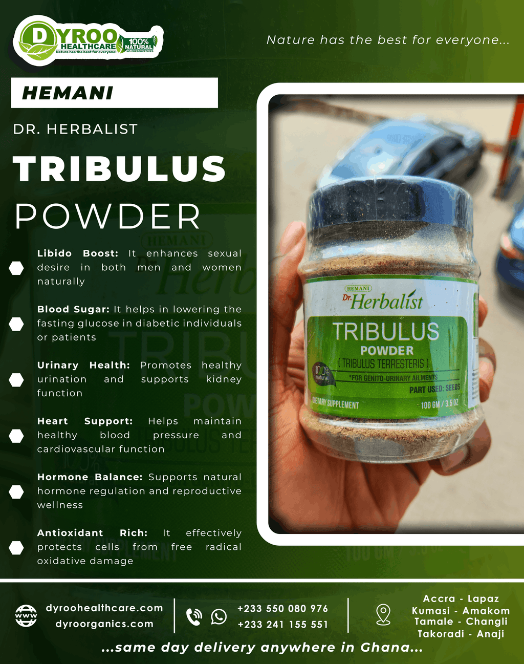 Organic Dr Herbalist Tribulus Powder by Dyroo Naturals in a clear 100g package, showing the green herbal powder inside.