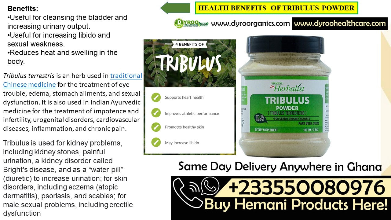Organic Tribulus powder by Dyroo Naturals in a clear container, showcasing the fine, greenish herbal powder for health benefits.