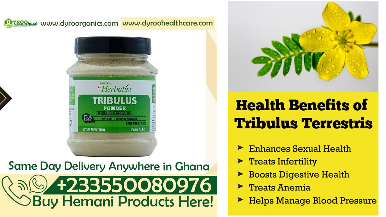 Organic Dr Herbalist Tribulus Powder by Dyroo Naturals, 100g, showing the fine greenish powder in a clear container.
