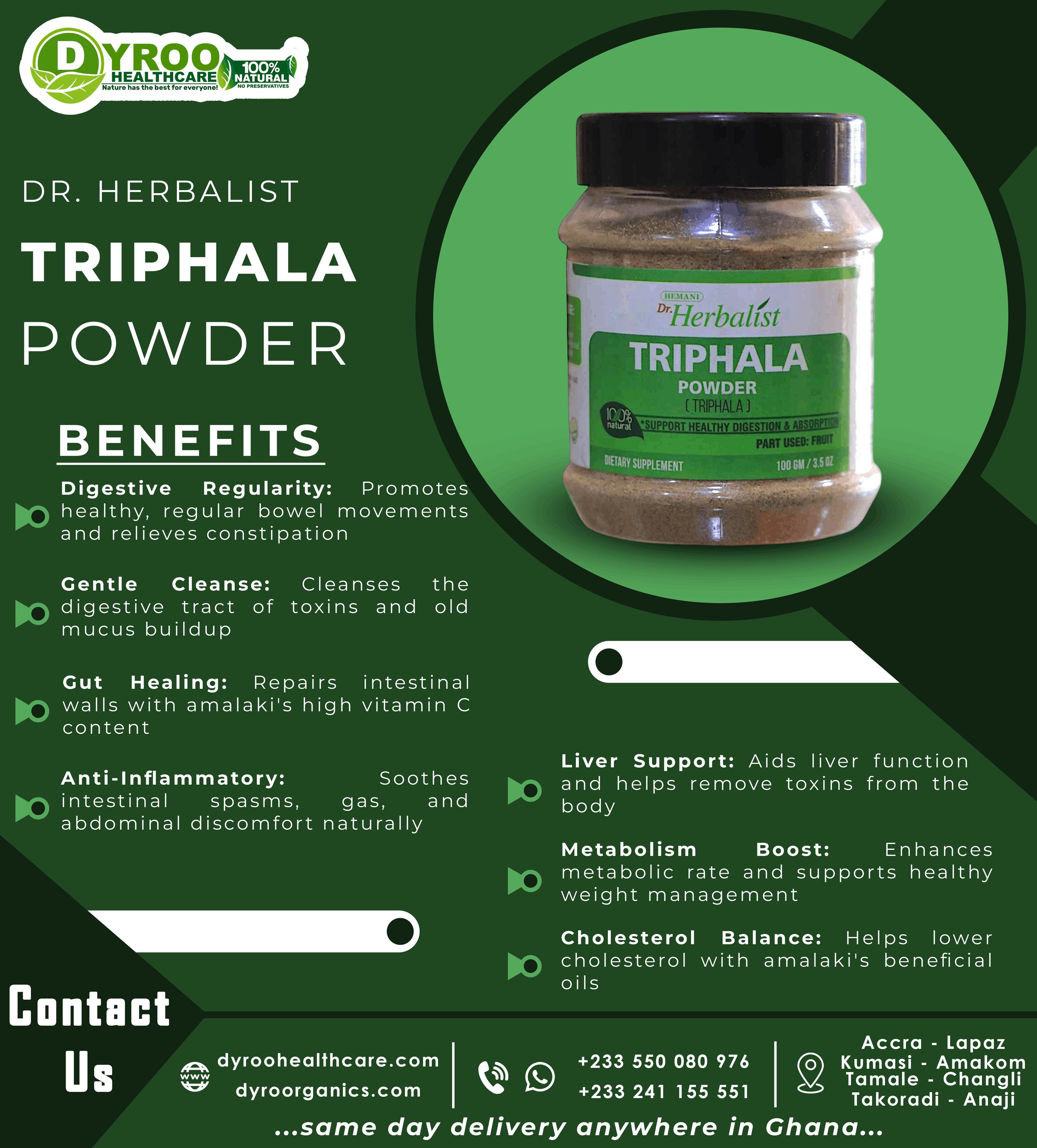 Organic Dr Herbalist Triphala powder by Dyroo Naturals in a 100g package, showing the powder inside a clear container.
