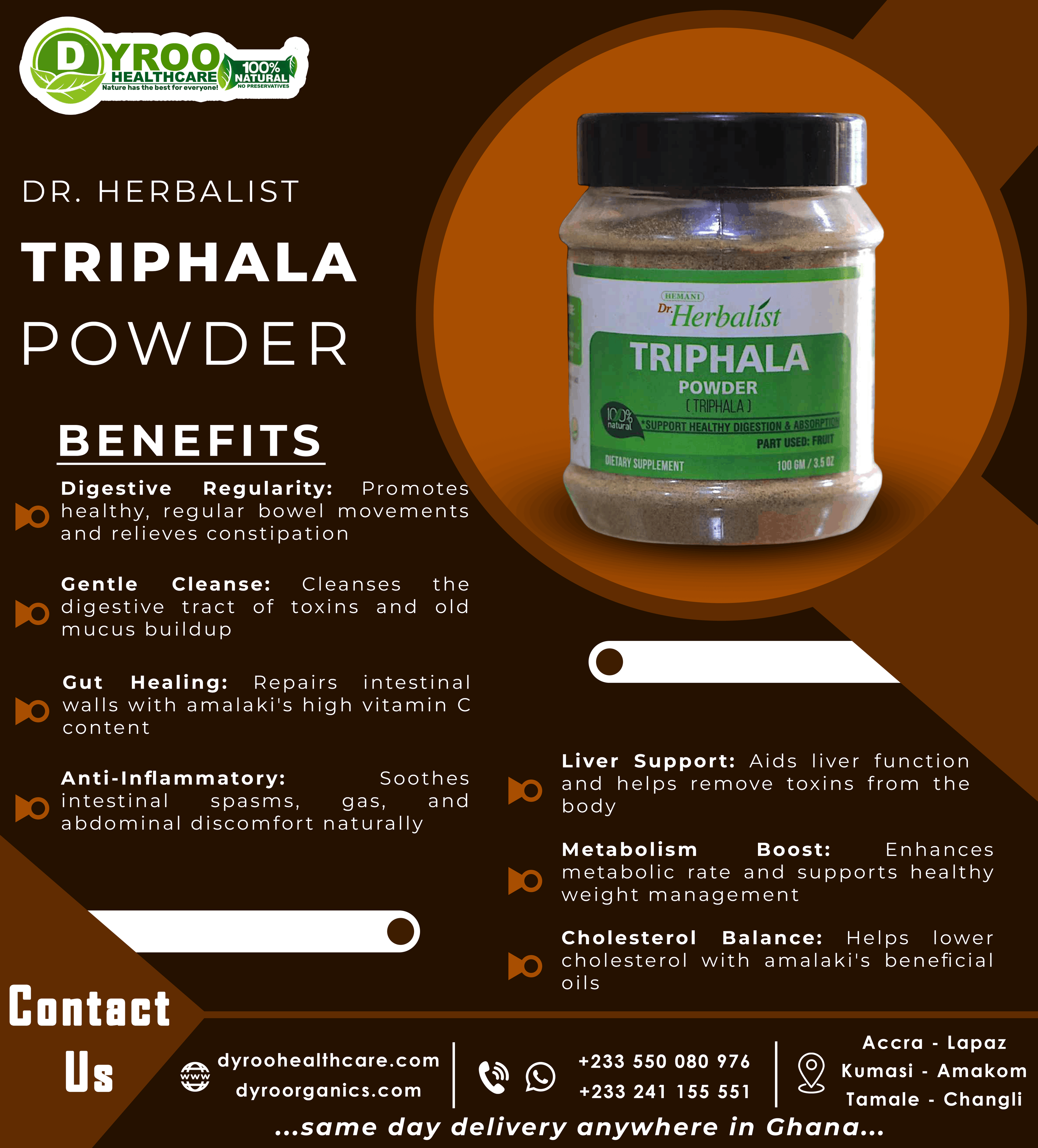 Organic Dr Herbalist Triphala powder by Dyroo Naturals, 100g in a clear package, showing vibrant dried triphala fruit pieces.