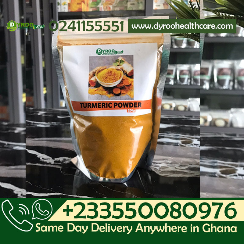 Organic Dyroo Naturals turmeric powder in a 200g package, showing bright yellow turmeric powder in a glass jar.