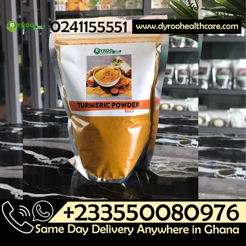 Organic turmeric powder by Dyroo Naturals in a 200g package, shown in a clear image of the fine, bright yellow spice powder.