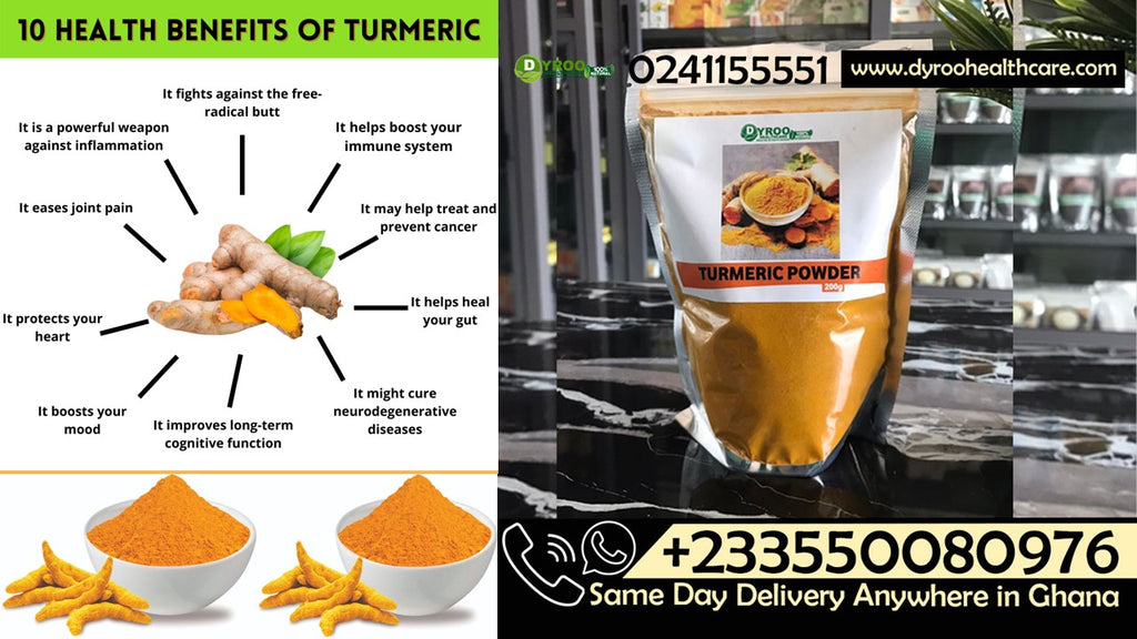 Organic turmeric powder in a clear jar, showing vibrant yellow-orange turmeric spice from Dyroo Naturals.